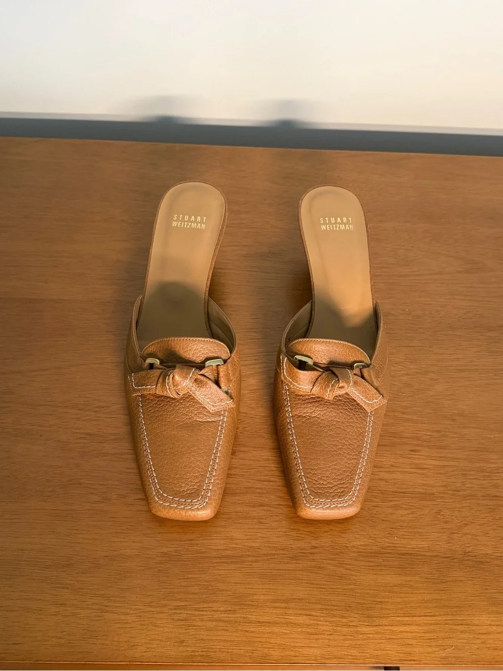 Women's Tan Leather Knot Mule kitten heels - vintage Stuart Weitzman slip - Picture 3 of 6